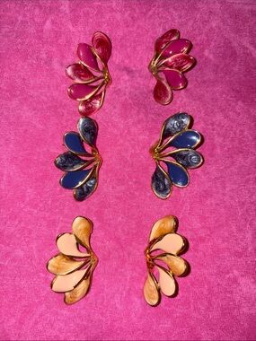 Vintage Fan Shaped Enamel Earrings in Gold Tone- 3 pairs